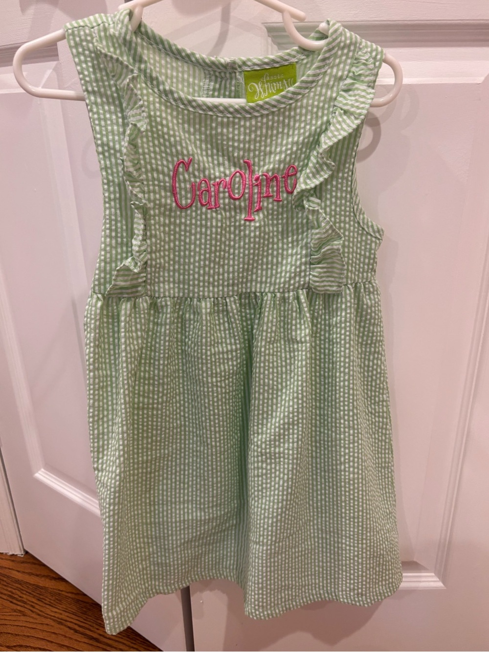 Classic Whimsy Monogrammed Caroline Green Seersucker Dress